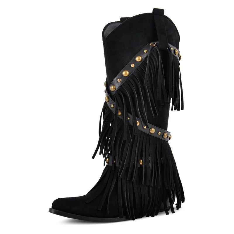 Onlymaker Women Black Pointed Toe Fringe Pull-on Knee High Boots Comfy Pull On Mid Calf Chunky Heel Western Boots