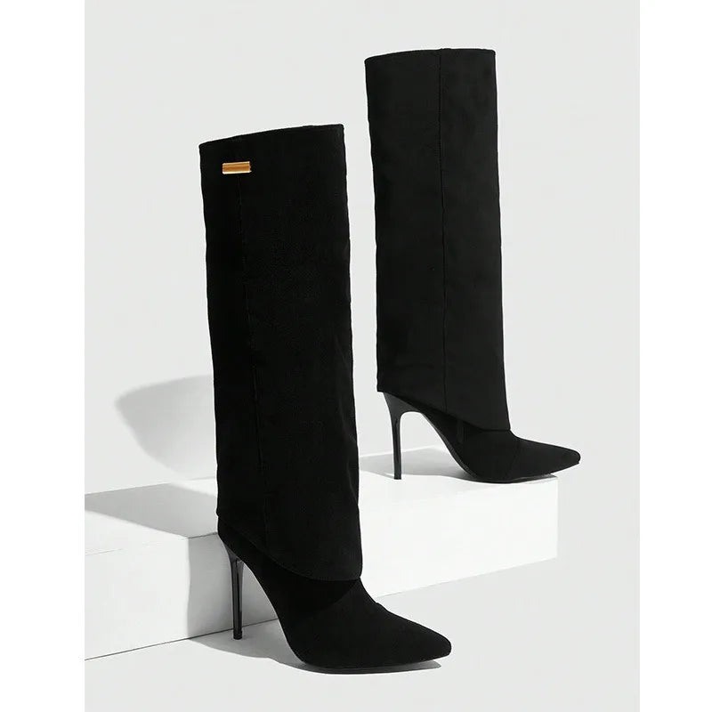 Autumn and Winter New High-heeled Knee High Women's Boots with Pointed Sleeves, Sexy Fashion Boots, Plus Size Skirt Boots