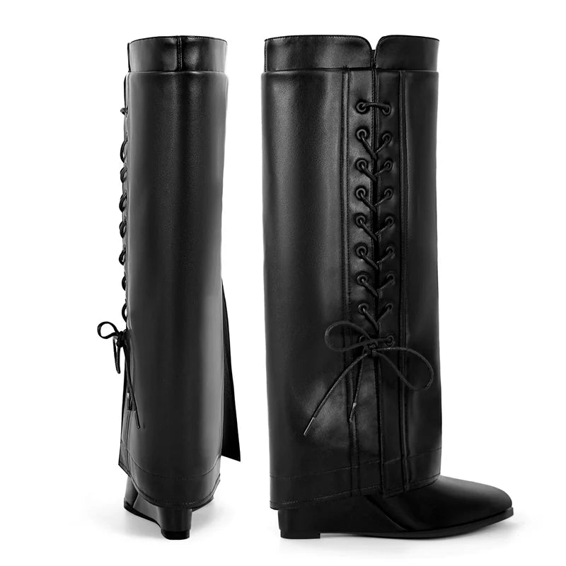 Onlymaker Women Wedge Boots Fold Knee High Heel Black Matte Big Size Female Boots