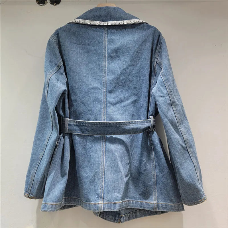 2026  Jeans Jacket Fashion Style Rhinestone Zipper Denim Jacket For Women Turn-down Collar With Belt Waist Versatile Coat Female 11A08647
