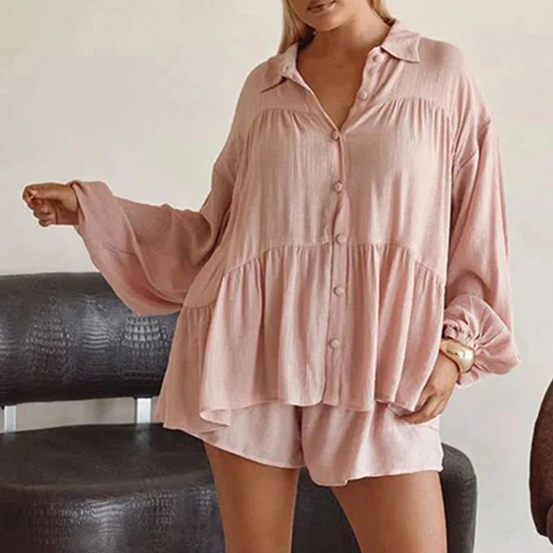 Casual Loose Female 2 Piece-Set Shorts Ruffled Lapel Shirts Top And High Waist Shorts Sets Summer Beach Holiday Outfits