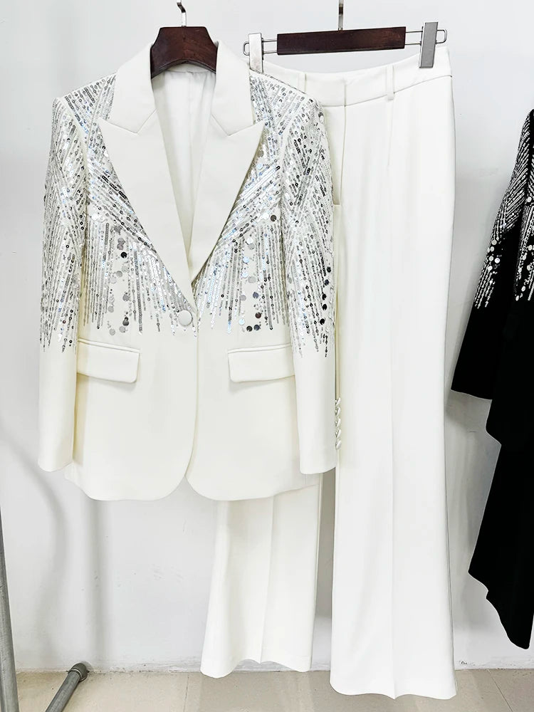 STREET Newest Fashion 2026 Designer Suit Set Women's Sequined Beading Single Button Blazer Flare Pants Set 2pcs