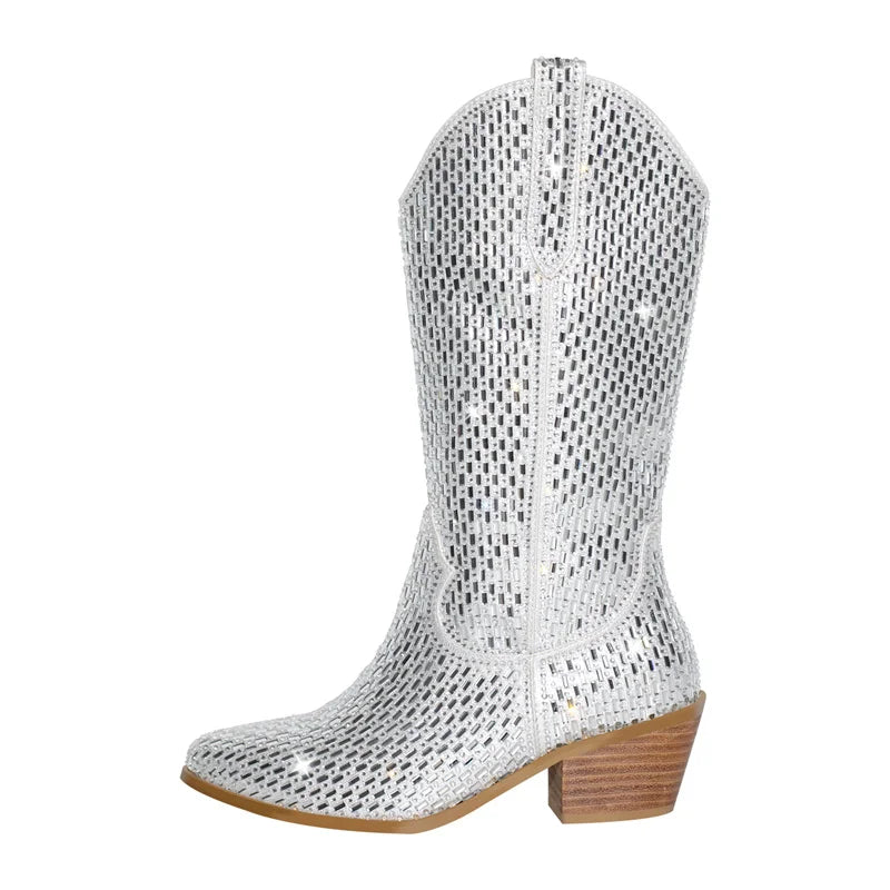 Onlymaker Women Side Zipper Knee High Boots Rhinestone Booties Glitter Bling Shiny Western Pointed Toe Block Heel  Cowgirl Boot