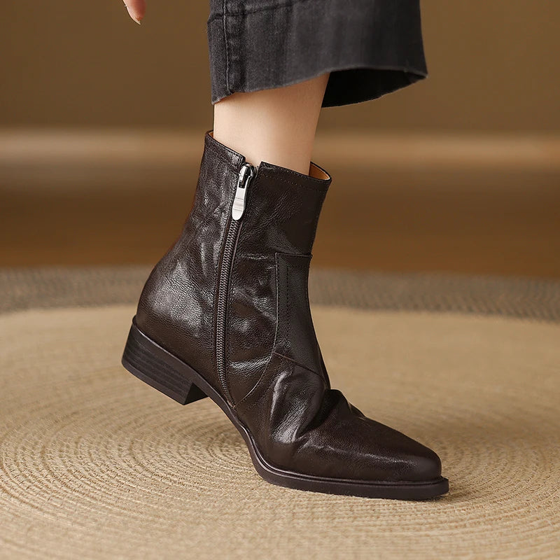 Handmade Genuine Leather Western Cowboy Women's Pointed Toe Short Boots British Style Mid Heel Boots 34-40