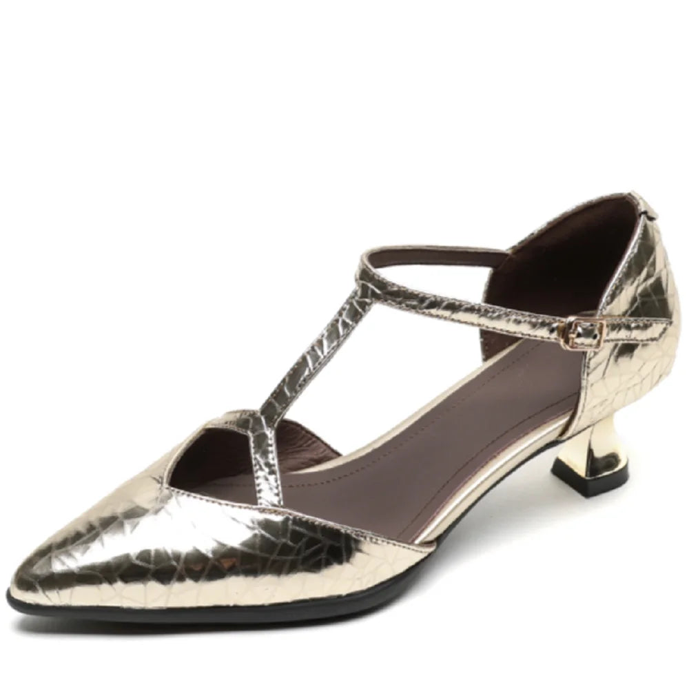 Summer Women Handmade Brand Genuine Leather Sandals Mid Heels Buckle Shoes Designer Pointed Toe Pumps 34-40