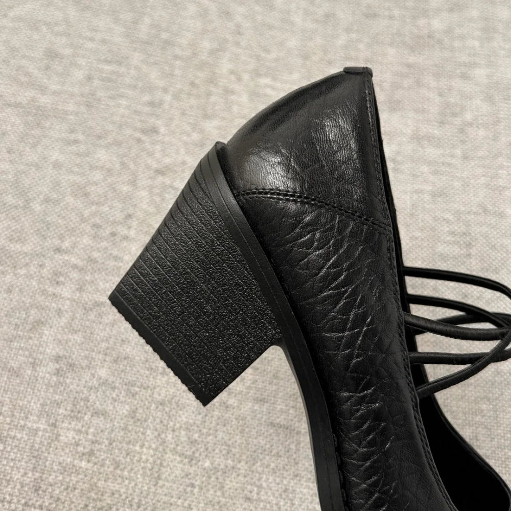 Handmade Genuine Leather Soft comfortable Elastic band Mary Jane Shoes Casual Thick Heel Square Head Upgraded