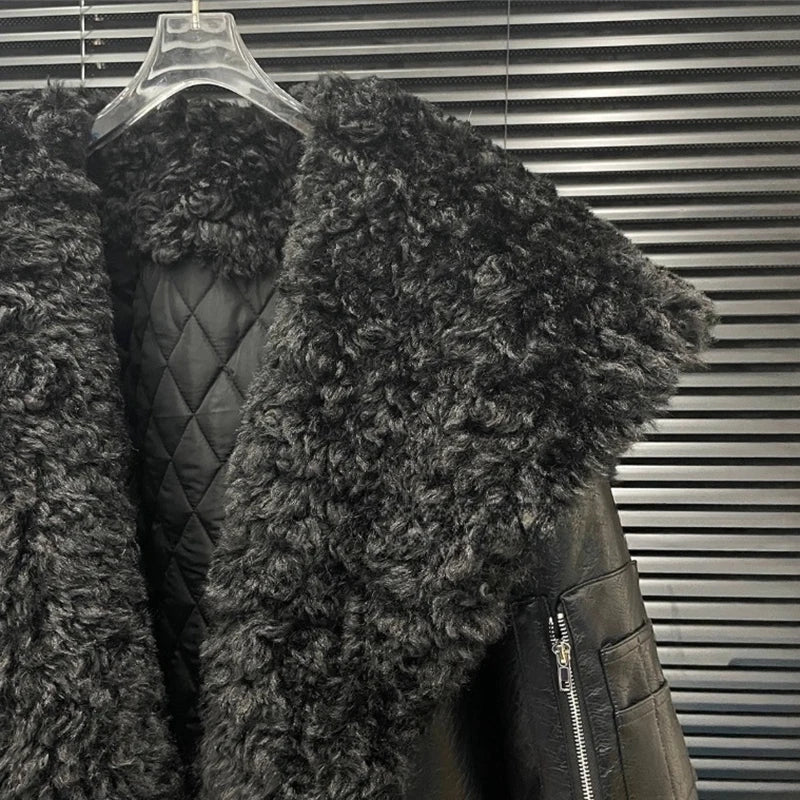 2026 Autumn Winter New Large Lapel Thickened Leather Jacket For Women Street Style Loose Quilted Coat Female 1A1353