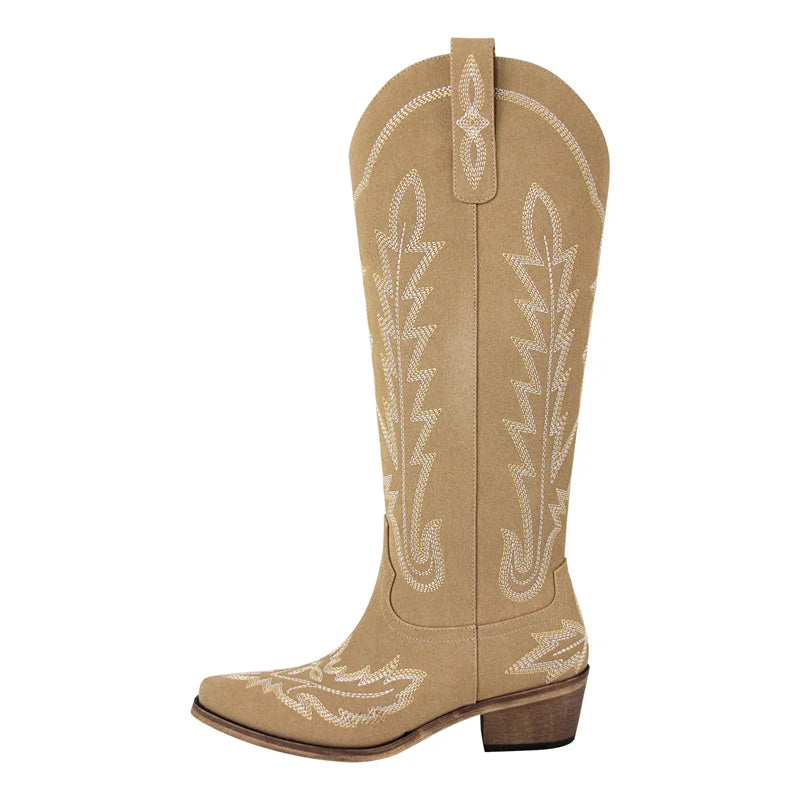 Onlymaker Women Pointed Toe Side Zipper Embroidered Western Cowboy Boots Block Heel Vintage Fashion Tall Cowgirl Boots