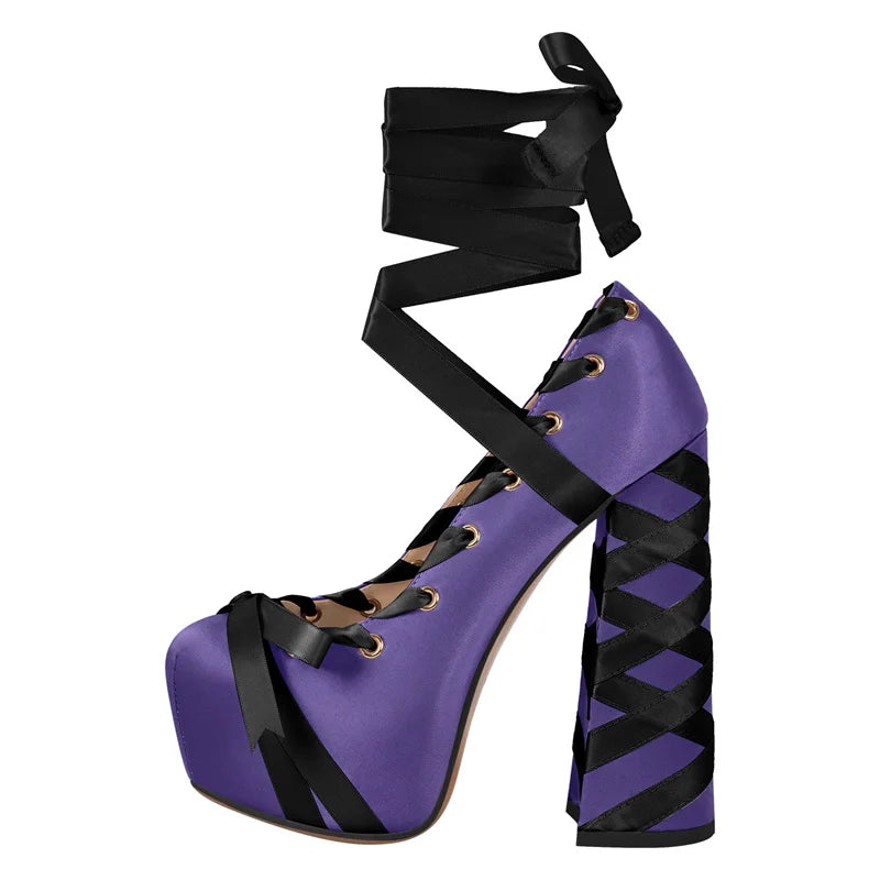 Womens Round Toe  Platform Pumps Bow Cute Lolita Two-Toned Ballet Lace-up Hoof Chunky Heel Shoes