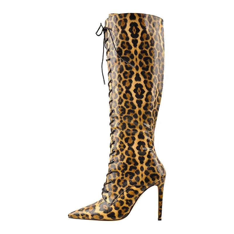 Onlymaker Women Pointed Toe Boots Side Zip 10CM High Heel Sexy Leopard Print Stiletto Stretch Knee High Boots Lace-Up Boots