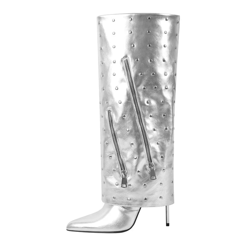 Women Pointed Toe Fold Over Mid-Calf Trouser Tube Slip-On Boots Classic  Pointed Toe Thin High Heels Boots