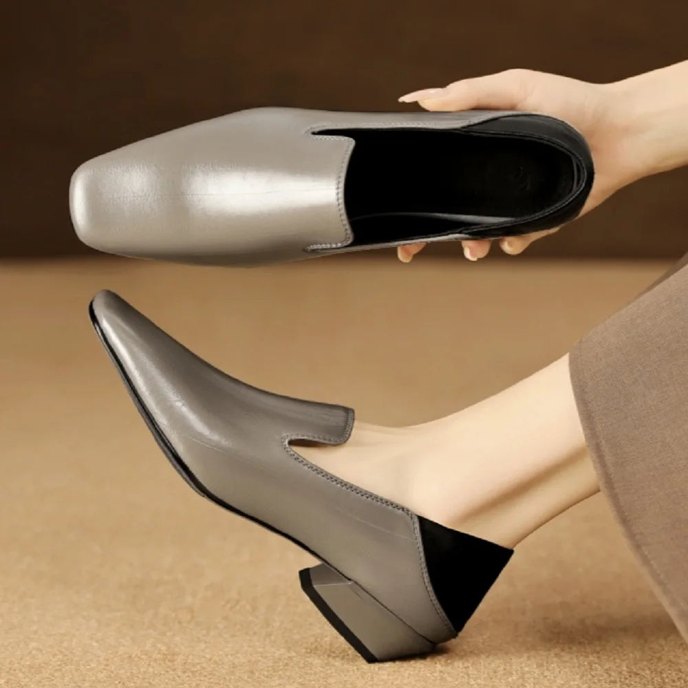 Woman Handmade Genuine Leather Elegant Square Toe Cute Casual Flats Female Retro Shoe Mid Heeled Soft Soled 34-40