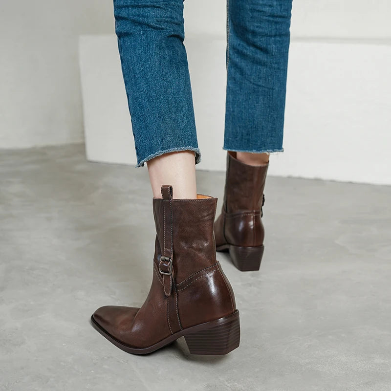 Handmade Genuine Leather Soft comfortable Ankle Boots Women New High Quality Square Mid Heel Boots Shoes 34-40