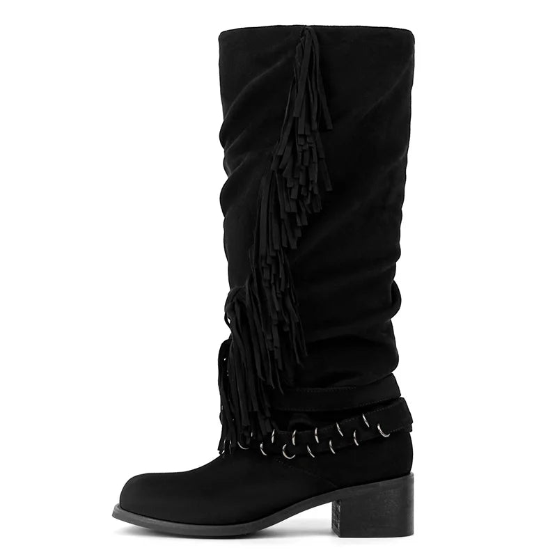Onlymaker Women Round Toe Fold Over Fringe Knee High Boots Block Heel Fashion  Boots