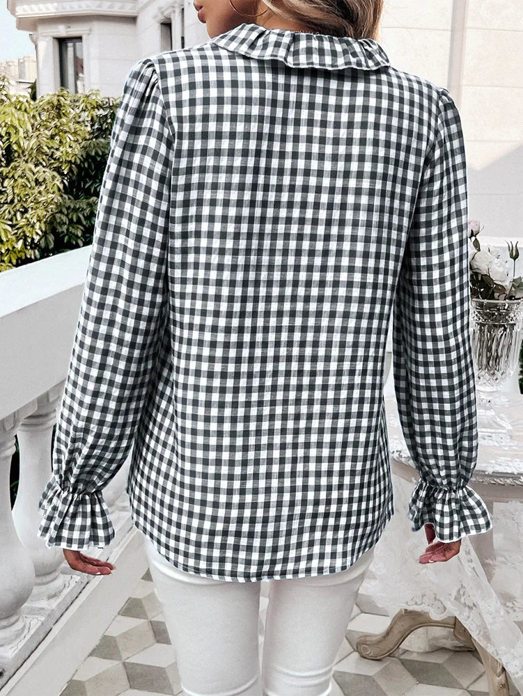 2026 Autumn Elegant Ruffles Trim Shirts Spring Women Long Sleeve Loose Tops Gingham Casual Ruffled Cuffs Shirts Camisas Mujer