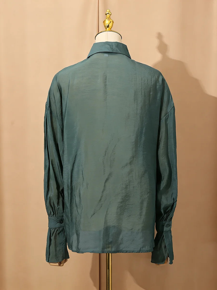 Lazy French Minimalist Style Solid Shirt for Women Lapel Long Sleeve Button Design Sheer Fabric for Daily Street Shopping