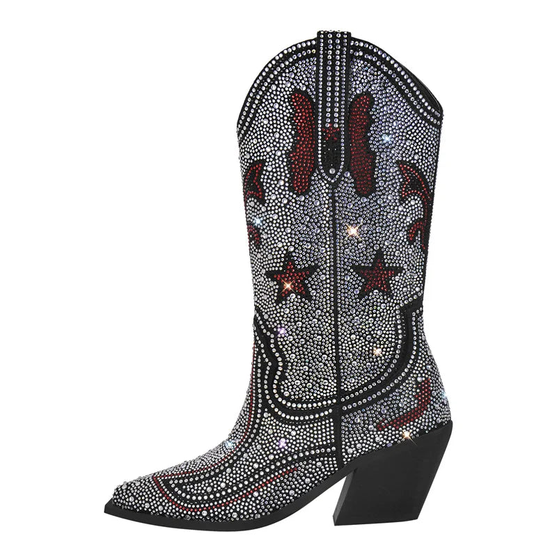 Onlymaker Women Side Zipper Knee High Boots Rhinestone Booties Glitter Bling Shiny Western Pointed Toe Block Heel  Cowgirl Boot