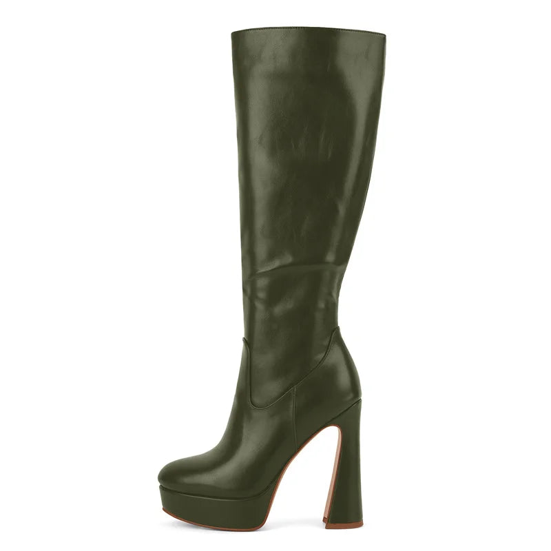 Onlymaker Black Platform Knee High Boots with Thin Heel Side Zipper Boots