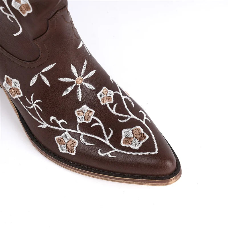 Onlymaker Women Pointed Toe Retro Western Cowgirl Boots Chunky Heel Embroidery Side Zipper Cowboy Boots