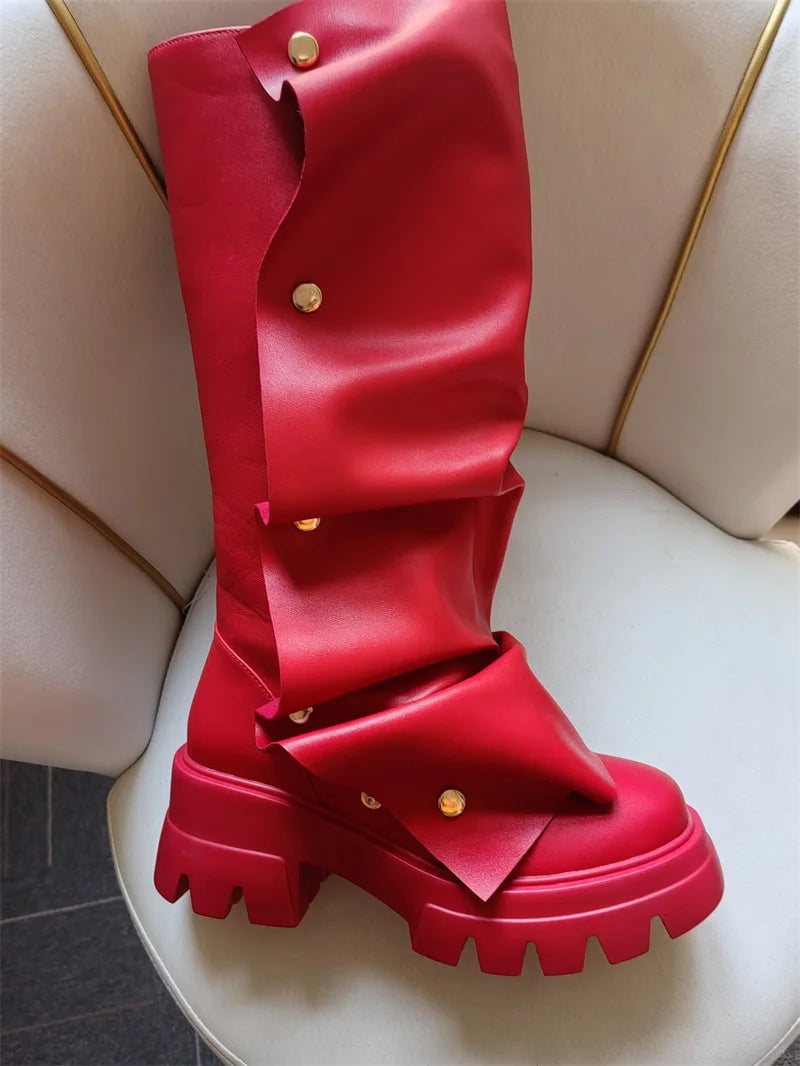 Onlymaker Women Platform Red Fold Over Boots Block Heel Round Toe Western Pull on Fashion Mid-Calf Female Boots