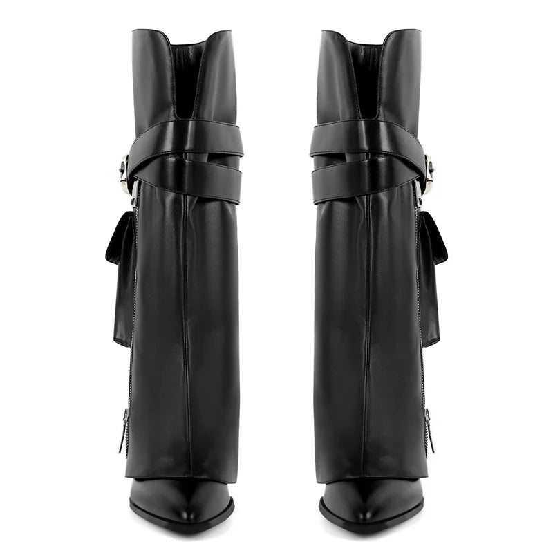 Onlymaker Women Black Matte Wedge Boots Fold Knee High Heel  Fashion Female Boots