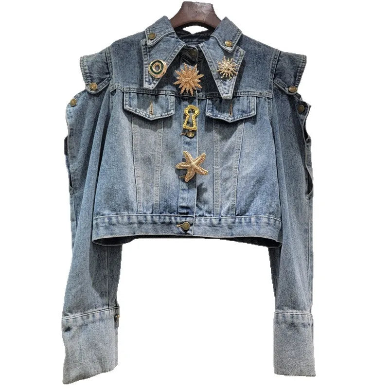 2026 Jeans Jacket Early Spring New Niche Design Shoulder Button Hollow Out Metal Buckle Short Denim Jacket For Women Coat 11A08461