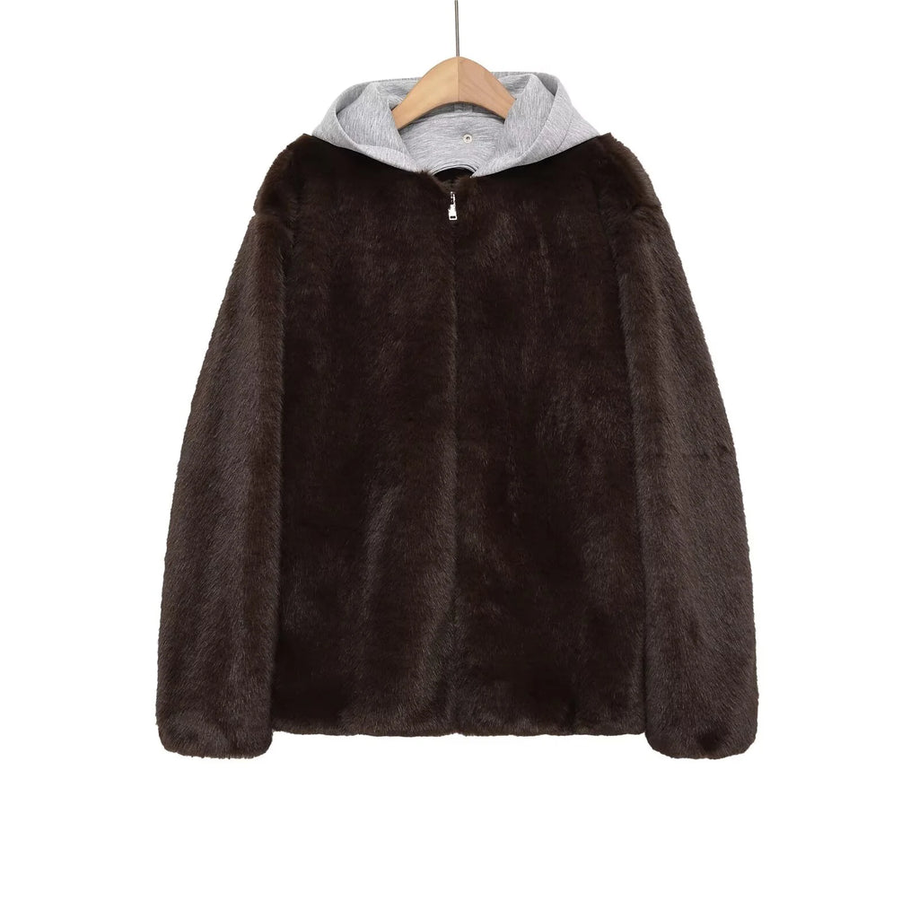 2025 Winter New Fashionable Sweet Loose Splicing Artificial Fur Zipper Hooded Jacket for Women
