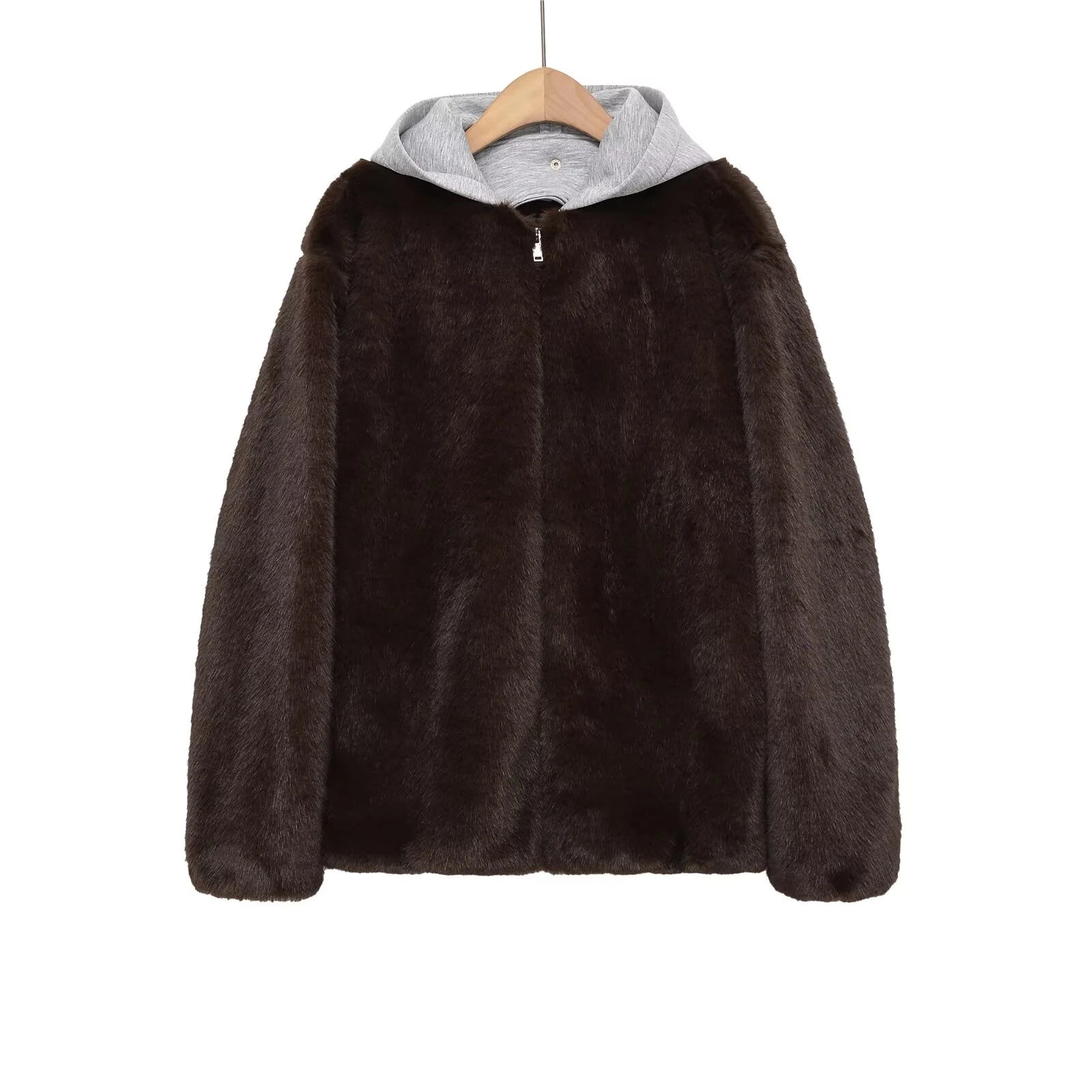 2025 Winter New Fashionable Sweet Loose Splicing Artificial Fur Zipper Hooded Jacket for Women