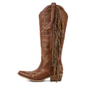 Onlymaker Women Pointed Toe Fringe Side Zipper Retro Western Cowgirl Boots Fringed Chunky Heel Embroidery Cowboy Boots
