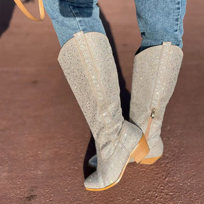 Onlymaker Women Rhinestone Boots Silver Knee High Western Cowgirl Boots Glitter Bling Shiny Pointed Toe Block Heel Lady Booties