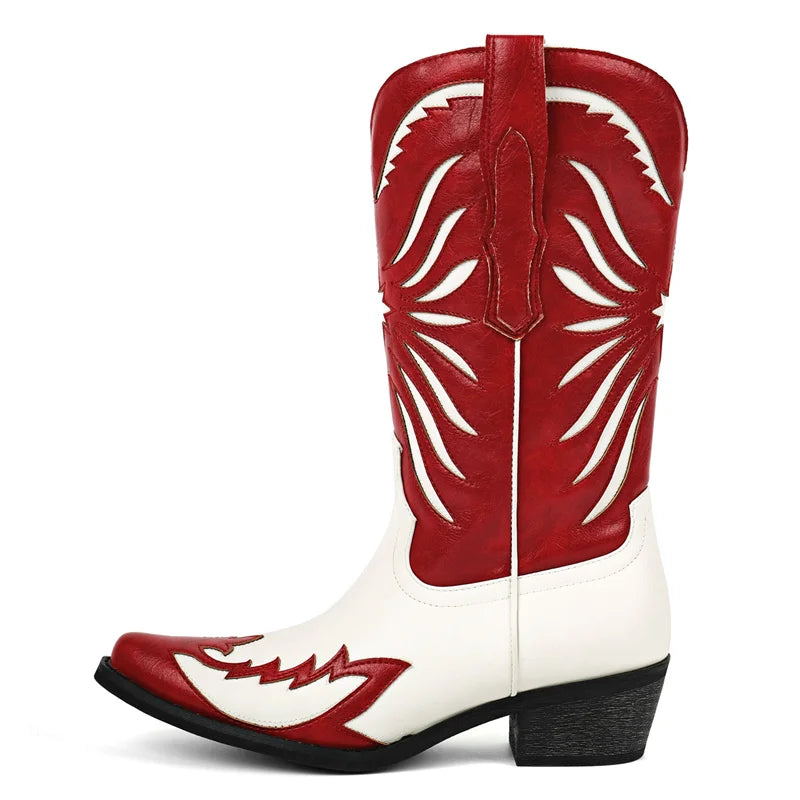 Onlymaker Women Western Cowboy Boots Pointed Toe Embroidered  Block Heel Fashion Pull-On Cowgirl Boots