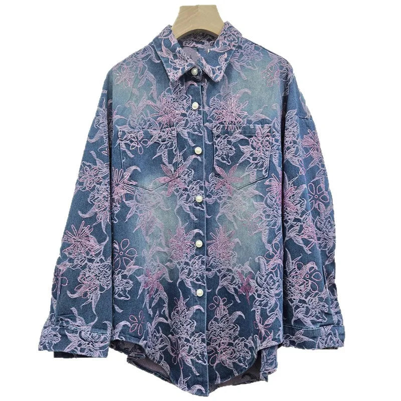 2026 Spring Fashion Heavy Jacquard Rhinestone Design Long Sleeve Denim Shirt Jacket For Women Loose Casual Blouse 11A08701