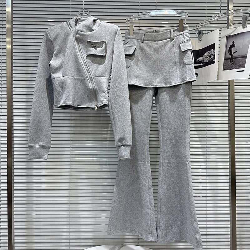 2025 Autumn New Women's Two-pieces Set Diagonal Zipper Hooded Sweatshirt Slim Fit Flared Pants Female Trendy 11A06593