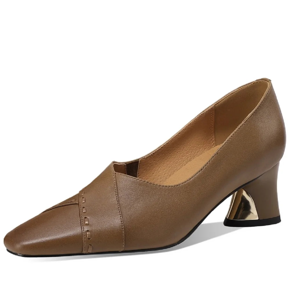 Women's Handmade Genuine Leather Shoes Thick Heels Work Shoes Comfortable Soft Sole Single Work Shoes 33-43