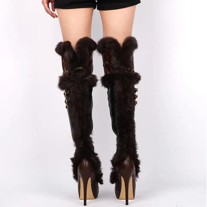 Onlymaker Women Round Toe Over The Knee Boots Platform Fur Rivet Buckle Side Zipper Wide Calf  Thigh High Boots