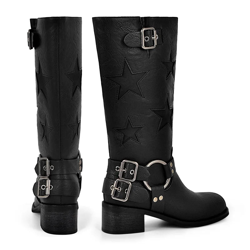Onlymaker Women Buckle Gothic Black Knee High Boots Heeled Metal Fashion Matte  Motorcycle Boots
