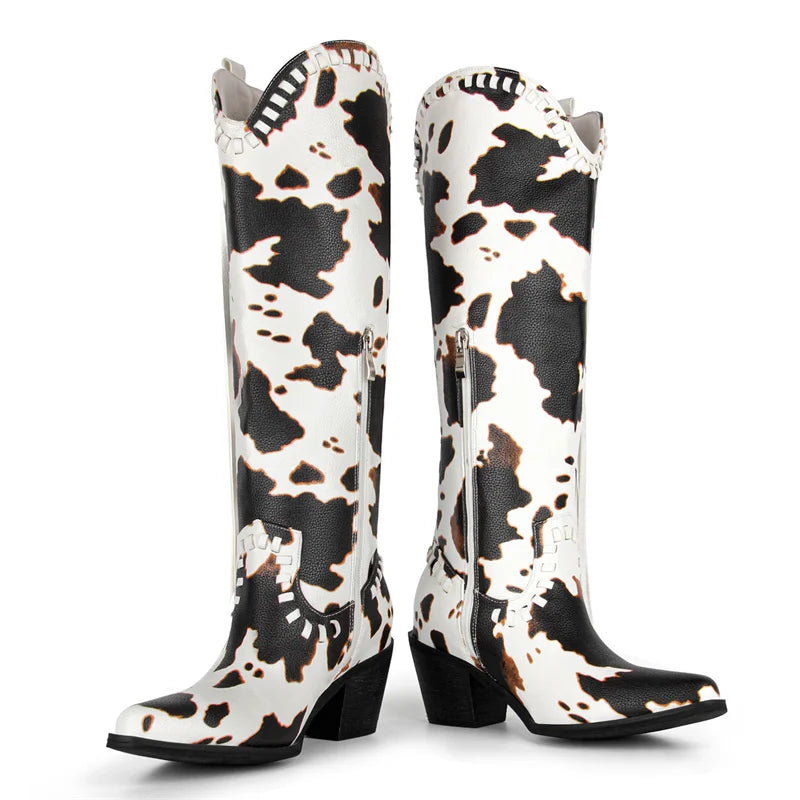 Onlymaker Women Pointed Toe Cow Print Side Zipper Knee High Western Boots Mid Calf Chunky Heel Cowgirl Western Boots
