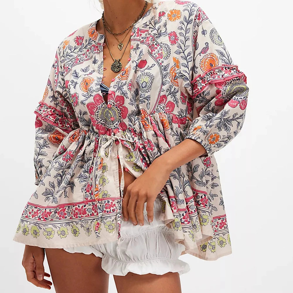 Women Y2K Boho Floral Puff Sleeve Peplum Tunic Blouse Vintage Front Tie Up Button Shirt Flower Ruffle Trim Loose Fit Dressy  Top