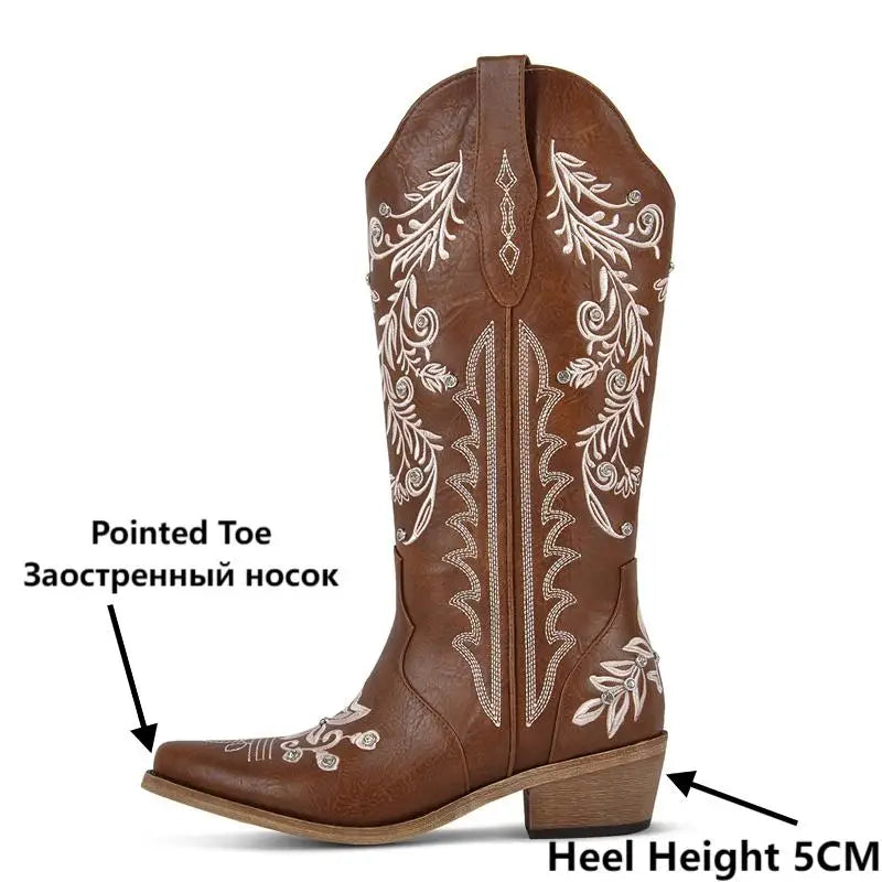 Onlymaker Women Pointed Toe Pull On Western Cowgirl Boots Fringed Chunky Heel Embroidery Cowboy Boots