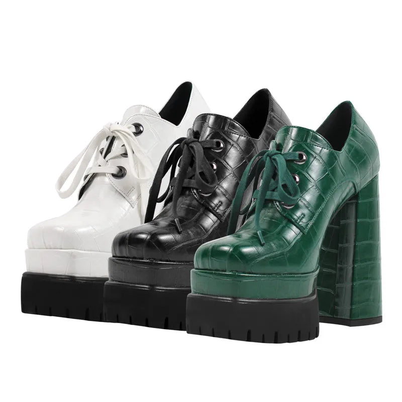 Women Pumps Double Platform Leather Patterned Lace Up Punk Fashion Shoes