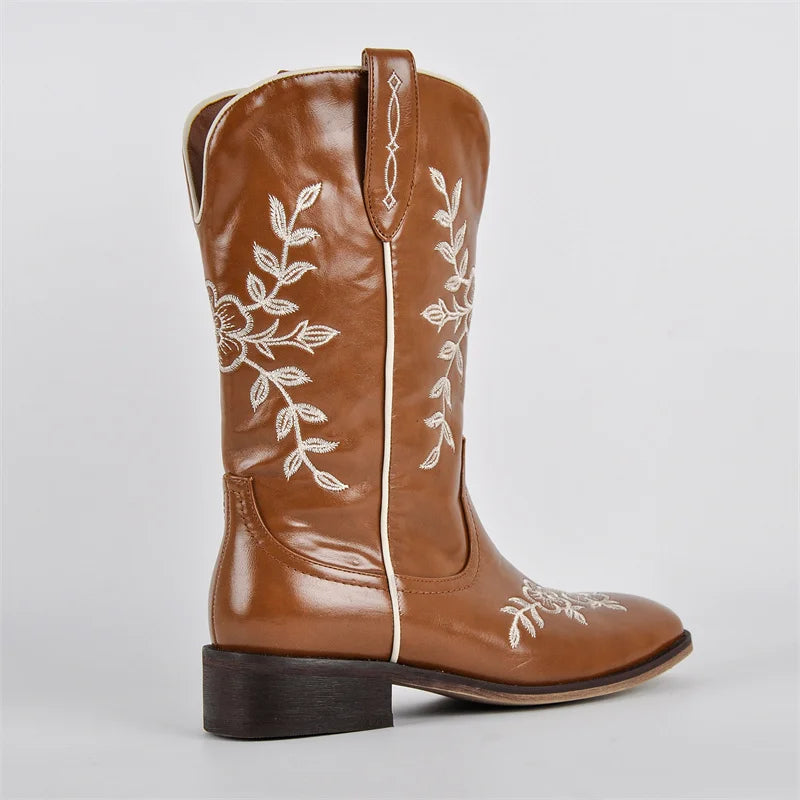 Women Brown Square Toe Embroidery Western Cowgirl Boots Pull On Knee High with Chunky Heel Embroidered Boots