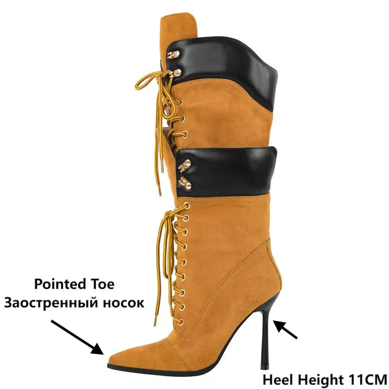 Onlymaker Women Pointed Toe Double Stiletto High Heel Lace Up Mid-Calf Boots Fashion Sexy Lace Up Strappy Knee High Boots