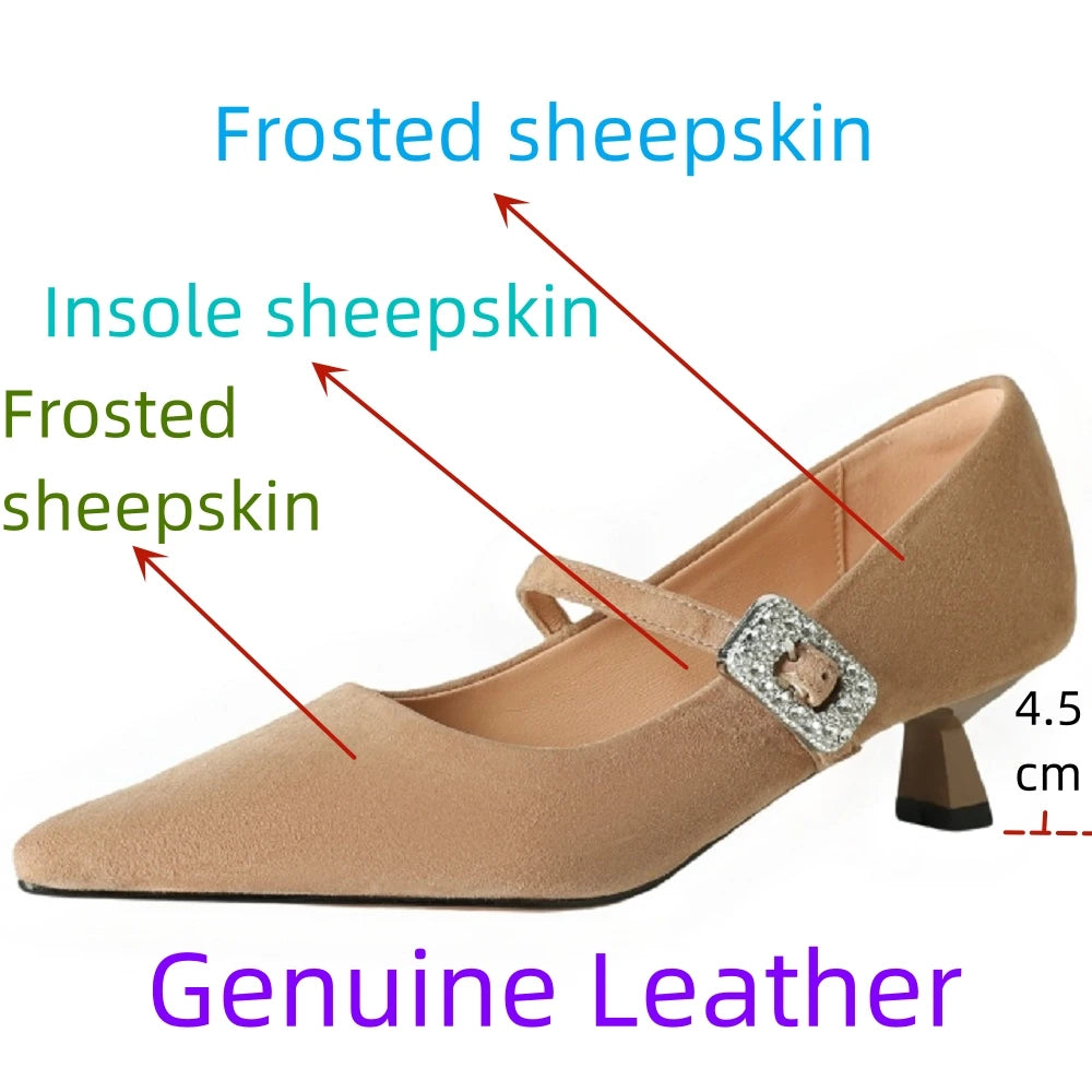 Women's Handmade natural suede Genuine leather metal buckle rivet Mid heel pointed toe dress shoes 34-40