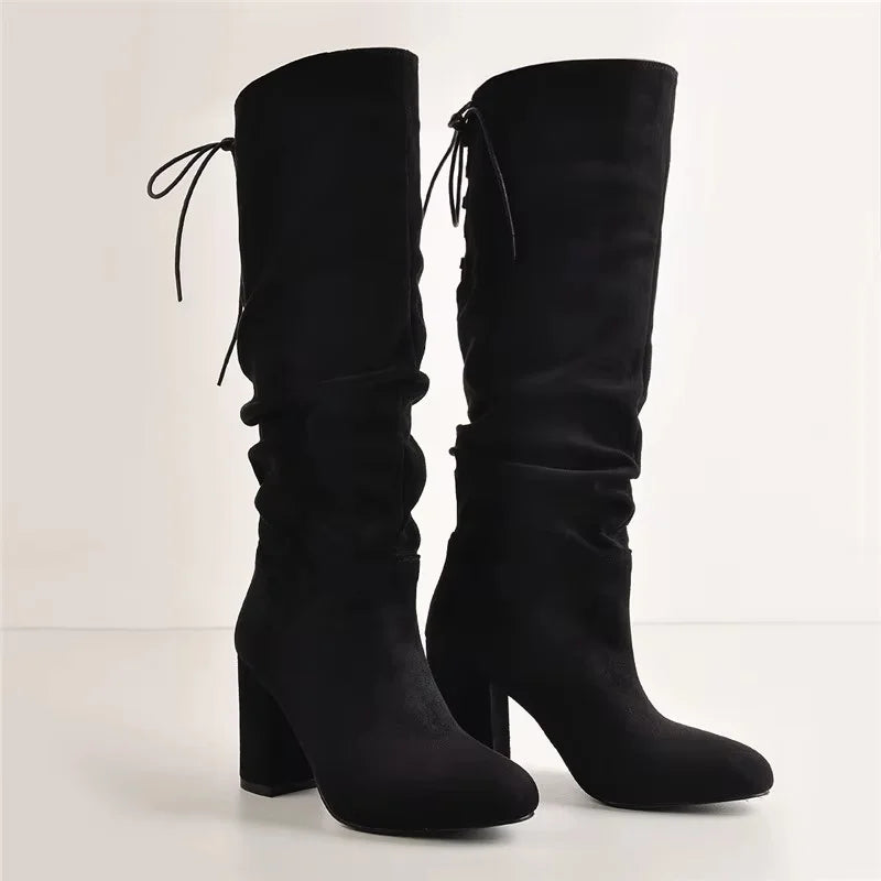 Onlymaker Women Pointed Toe Black Pleated 8.5CM High Heels Patent leather Crinkle Mid Calf Chunky Big Size Fashion Boots