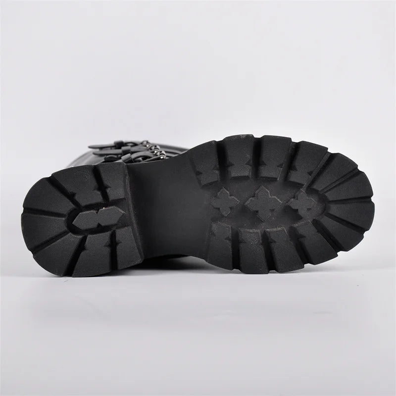 Women Round Toe Black Matte Ruched Knee High Heel Pull on Boots Buckle Strap Punk Boots