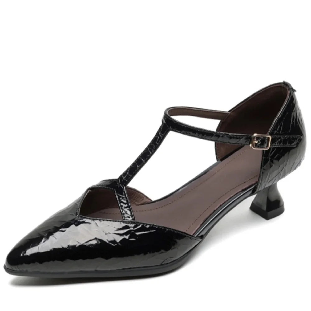 Summer Women Handmade Brand Genuine Leather Sandals Mid Heels Buckle Shoes Designer Pointed Toe Pumps 34-40