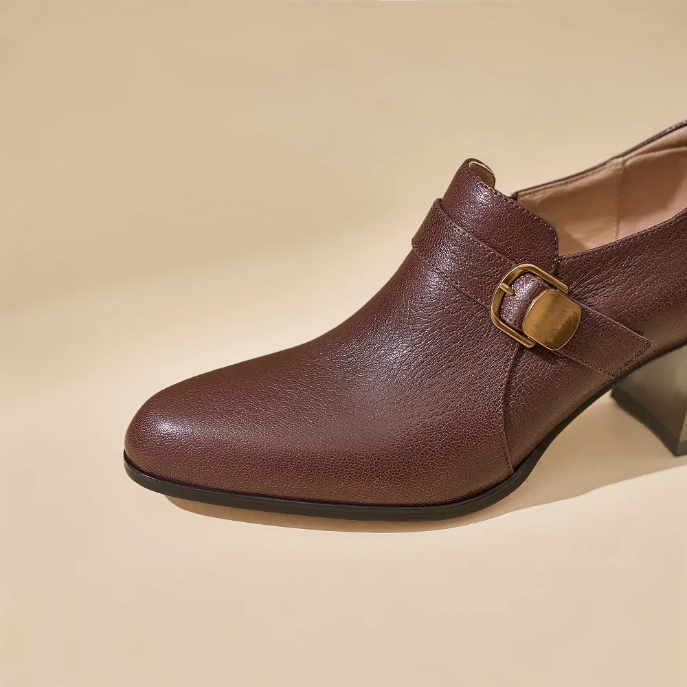 New Women Handmade Genuine Leather Round Toe Soft and comfortable Chunky Heel Loafer High Heels Ladies Shoe 34-40