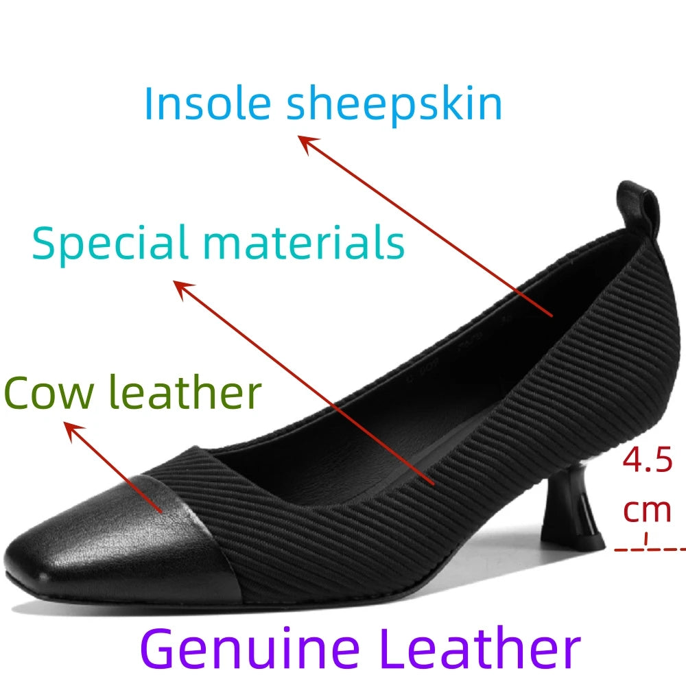 Women's Handmade Genuine Leather Soft and comfortable Square Toe Large Shoes Mid Heels Ladies 34-40