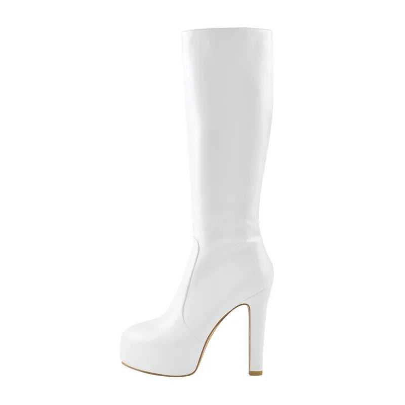 Onlymaker Women Knee High Boots Round Toe Black Matte Leopard  White Side Zipper Winter Fashion Party Dress Big Size Boots