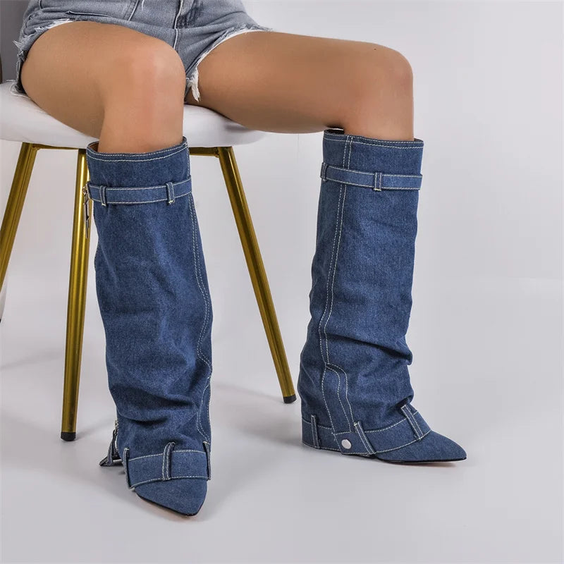 Onlymaker Woman Denim Shark Lock Pants Boots Wedge Fold Knee High Heel Handmade Brand Female Boots